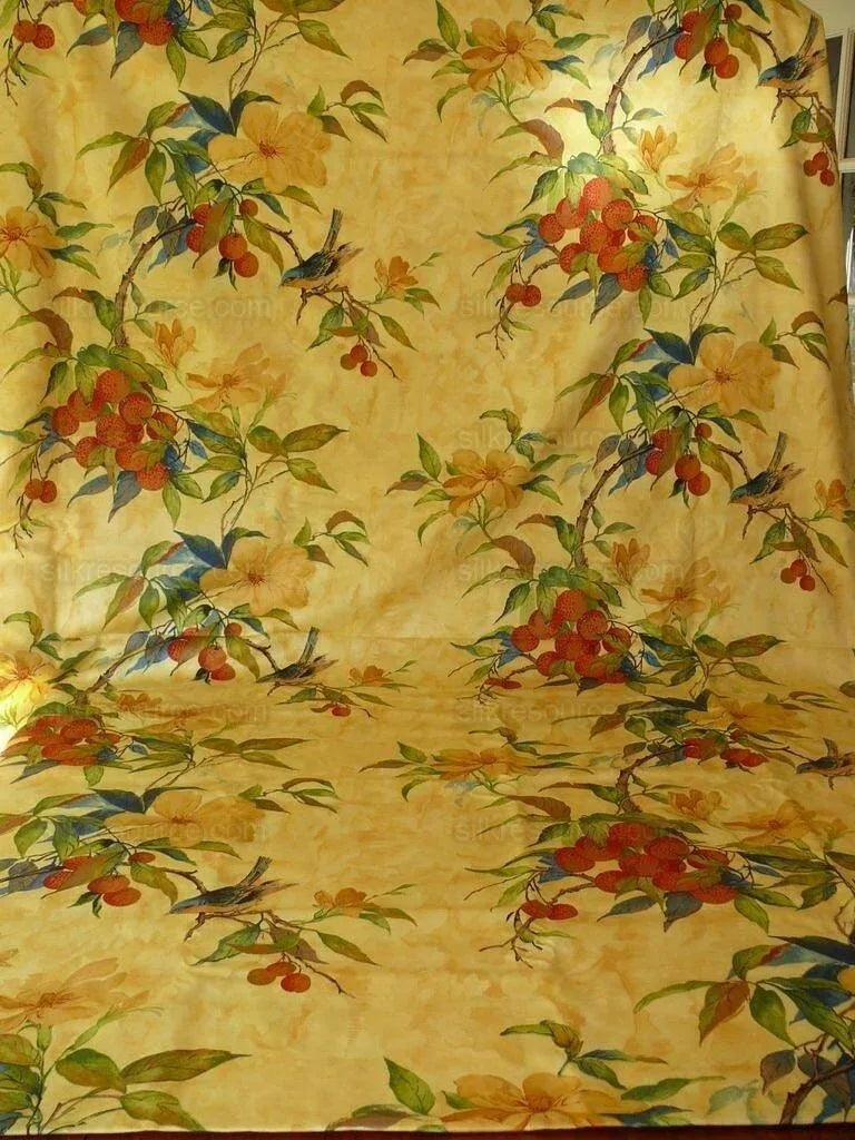 8.875y Exotic Cotton Print Birds &amp; Lychee Fruit Tree Yellow#1144