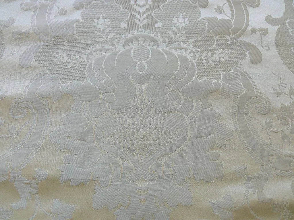 High End Designer Colette's Abby 100% Silk Renaissance Damask "pearl" Pure Bright White