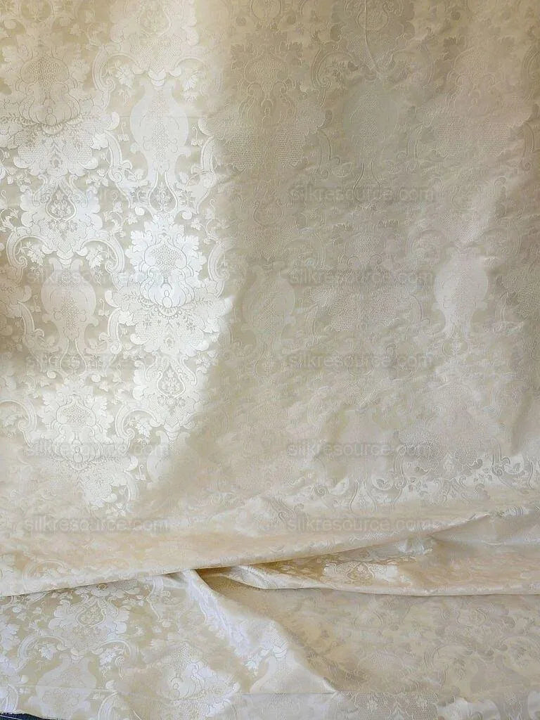 High End Designer Colette's Abby 100% Silk Renaissance Damask "pearl" Pure Bright White