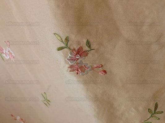 0.25 Y Lee Jofa Fleurir Silk Sand Pale Gold With Pink Flower Embroidery MSRPUSD188/Y