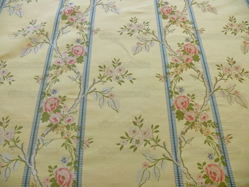 Scalamandre Madame Rose Martinale Lite Butter Pink Roses Blue Stripe