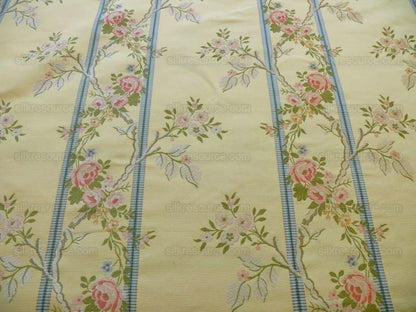 Scalamandre Madame Rose Martinale Lite Butter Pink Roses Blue Stripe