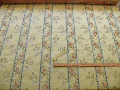 Scalamandre Madame Rose Martinale Lite Butter Pink Roses Blue Stripe