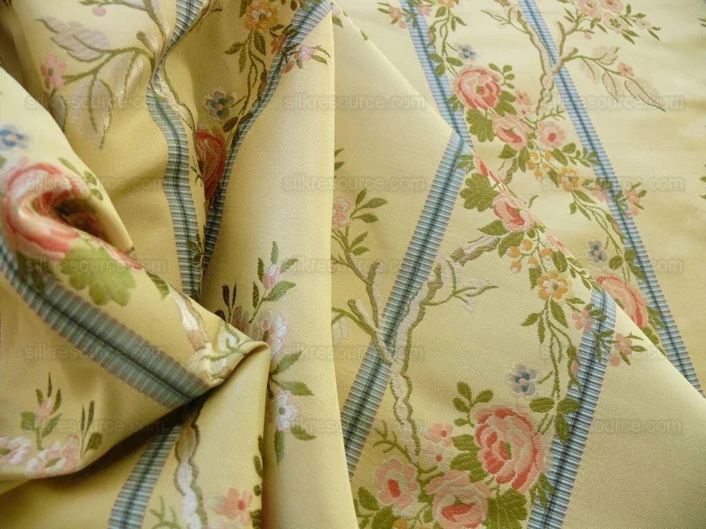 Scalamandre Madame Rose Martinale Lite Butter Pink Roses Blue Stripe