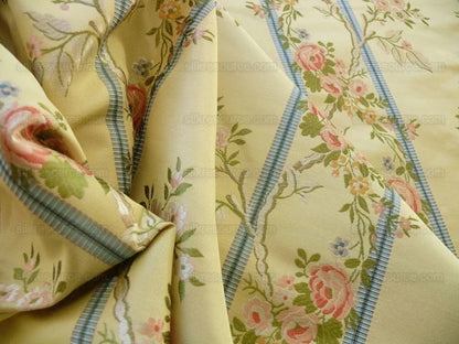 Scalamandre Madame Rose Martinale Lite Butter Pink Roses Blue Stripe