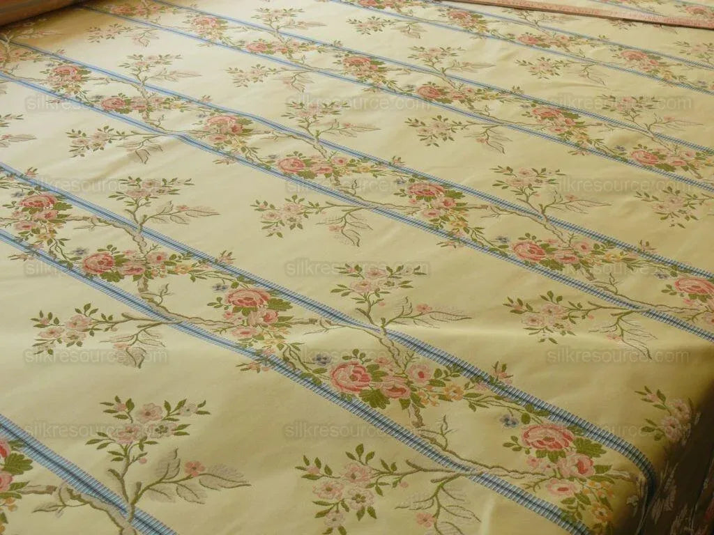 Scalamandre Madame Rose Martinale Lite Butter Pink Roses Blue Stripe