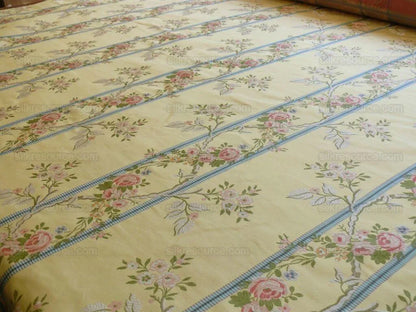 Scalamandre Madame Rose Martinale Lite Butter Pink Roses Blue Stripe