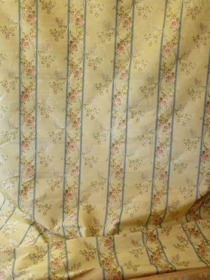 Scalamandre Madame Rose Martinale Lite Butter Pink Roses Blue Stripe