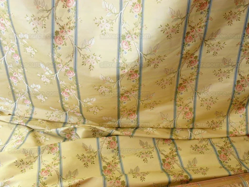 Scalamandre Madame Rose Martinale Lite Butter Pink Roses Blue Stripe