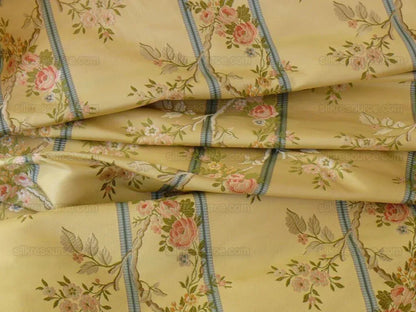 Scalamandre Madame Rose Martinale Lite Butter Pink Roses Blue Stripe