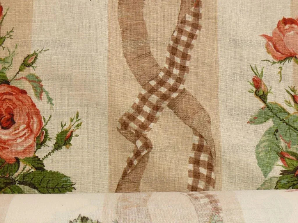 Lee Jofa Gingham Ribbon Print &amp; Rose Linen "tan" Tromp L'oei