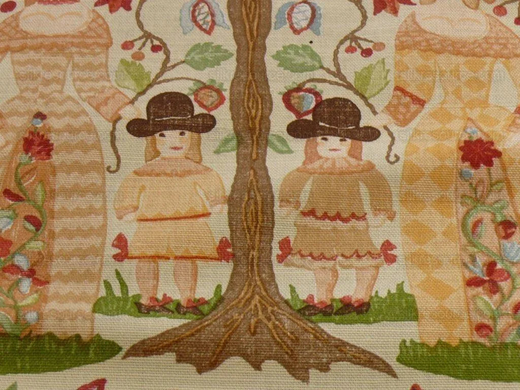 Scalamandre Life On The Hill Linen Print Orange Green On Cream B