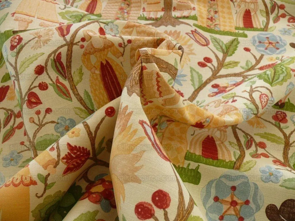 Scalamandre Life On The Hill Linen Print Orange Green On Cream B