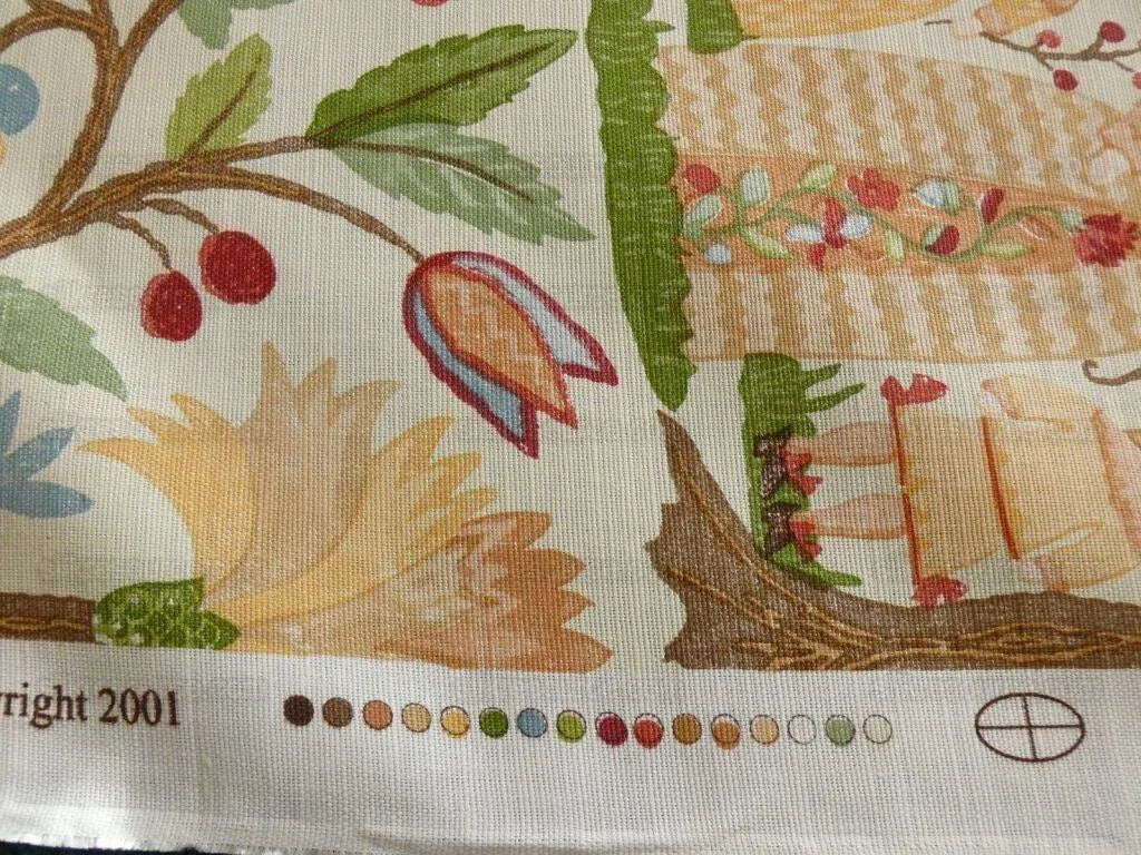 Scalamandre Life On The Hill Linen Print Orange Green On Cream B