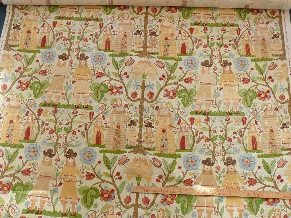 Scalamandre Life On The Hill Linen Print Orange Green On Cream B