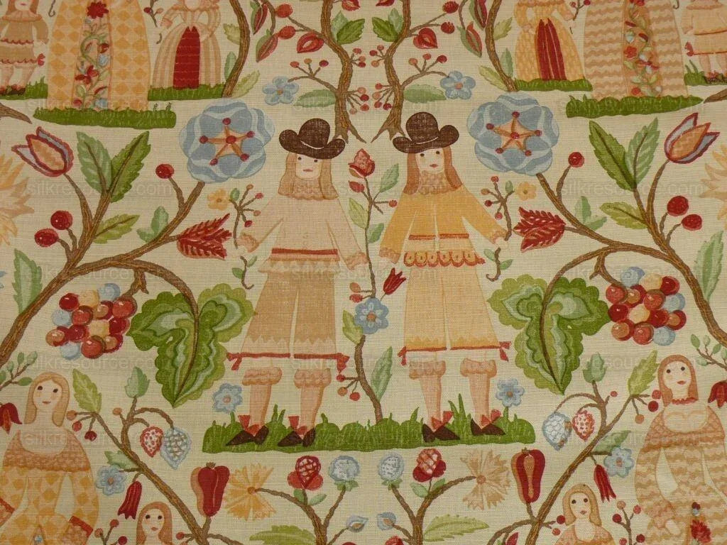 Scalamandre Life On The Hill Linen Print Orange Green On Cream B