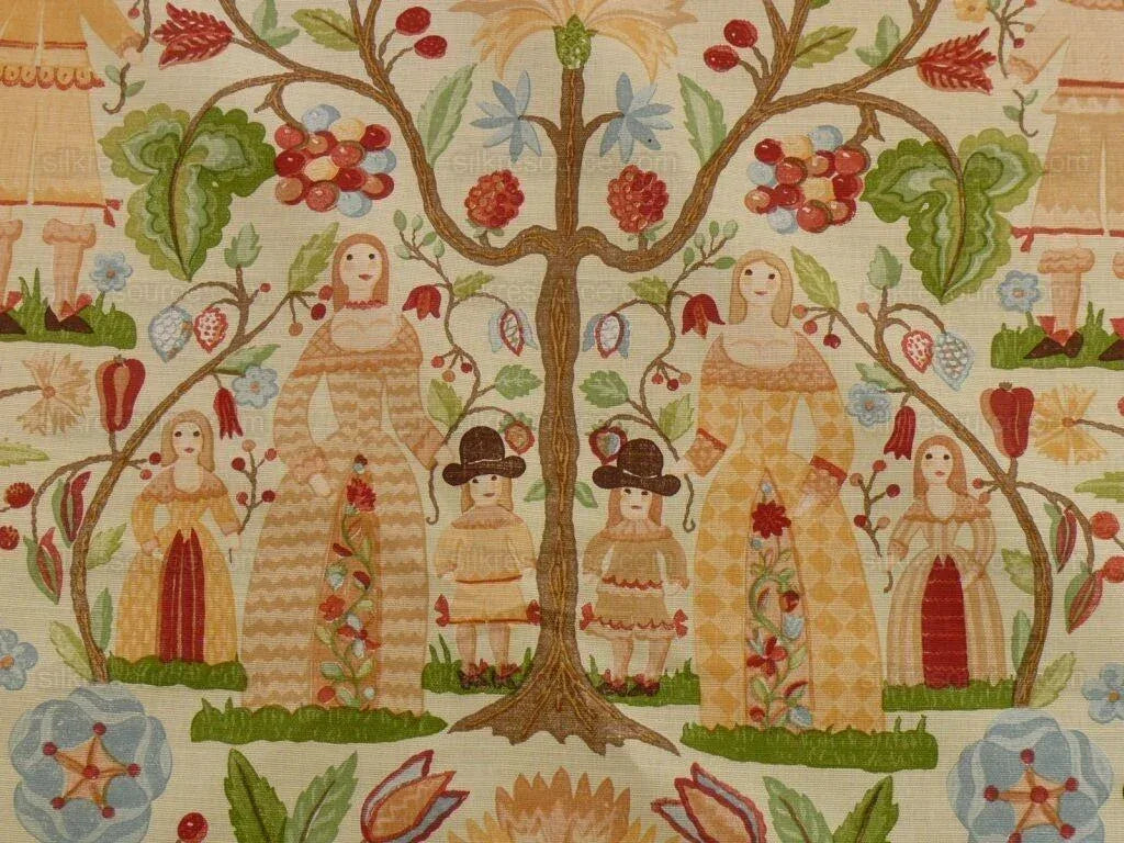 Scalamandre Life On The Hill Linen Print Orange Green On Cream B