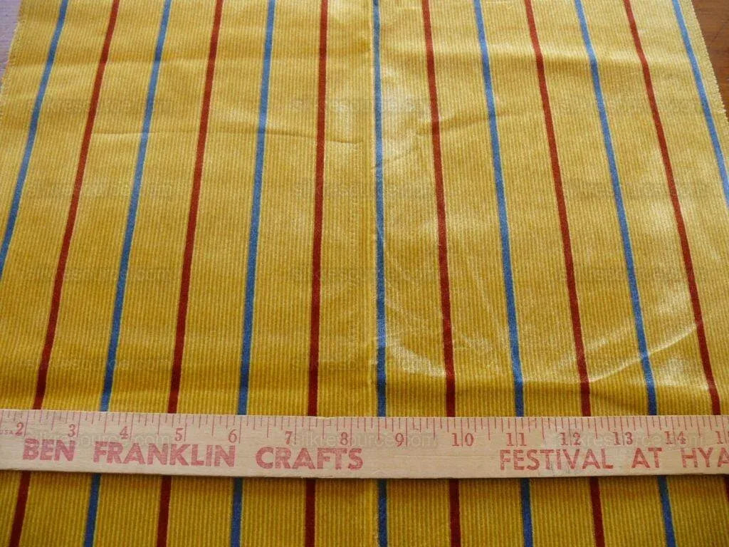 By Yard Lee Jofa Figaro Velvet Red and Blue Stripe On Gold Silky Heavy