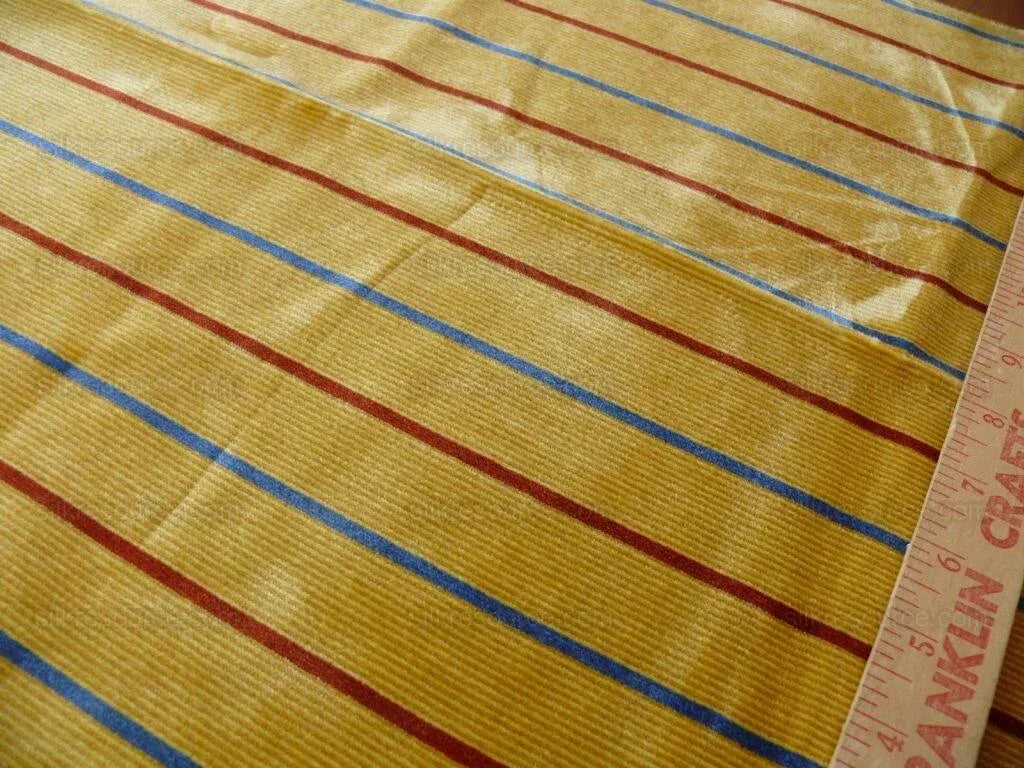 By Yard Lee Jofa Figaro Velvet Red and Blue Stripe On Gold Silky Heavy
