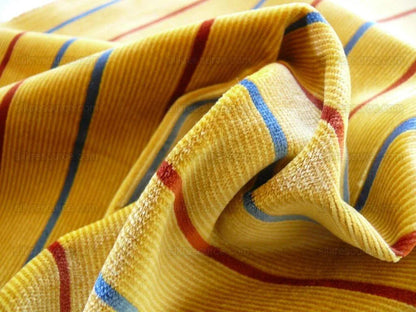 By Yard Lee Jofa Figaro Velvet Red and Blue Stripe On Gold Silky Heavy