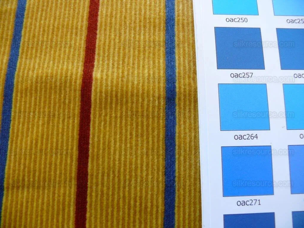 By Yard Lee Jofa Figaro Velvet Red and Blue Stripe On Gold Silky Heavy