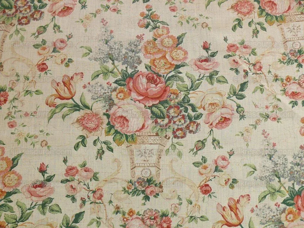 By Yard Lee Jofa Ashurst Peony Tulip Lilac Rose 100% Linen Print on Ecru Handprint English Chintz UK MSRP USD 139/Y