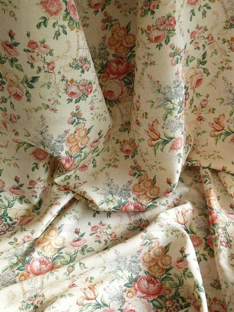 By Yard Lee Jofa Ashurst Peony Tulip Lilac Rose 100% Linen Print on Ecru Handprint English Chintz UK MSRP USD 139/Y