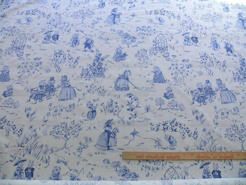 By Yard Scalamandre Life on Top of Cranberry Hill Blue Animal Cat Frog Pig Mouse Toile de Jouy Country Farm nursery MSRP 99/Y