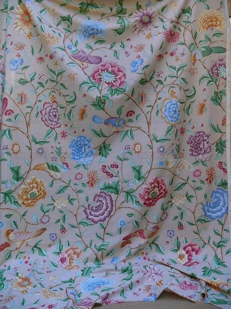 Clarence House Les Oiseaux Enchantes Bird Print Silk Italian Ratti Greige Hand Printed MSRP USD 642/Y