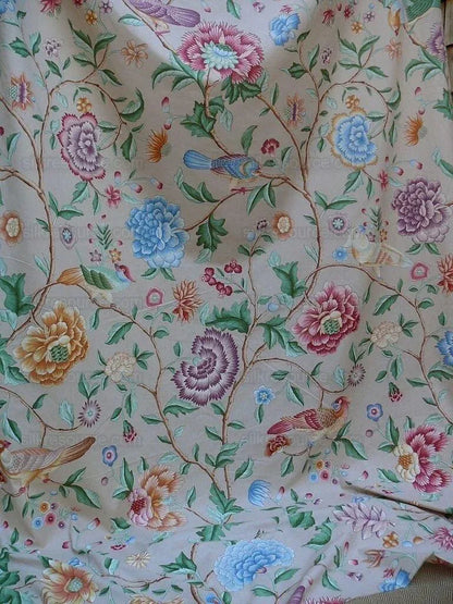 Clarence House Les Oiseaux Enchantes Bird Print Silk Italian Ratti Greige Hand Printed MSRP USD 642/Y