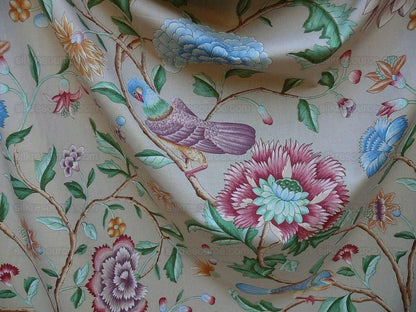 Clarence House Les Oiseaux Enchantes Bird Print Silk Italian Ratti Greige Hand Printed MSRP USD 642/Y