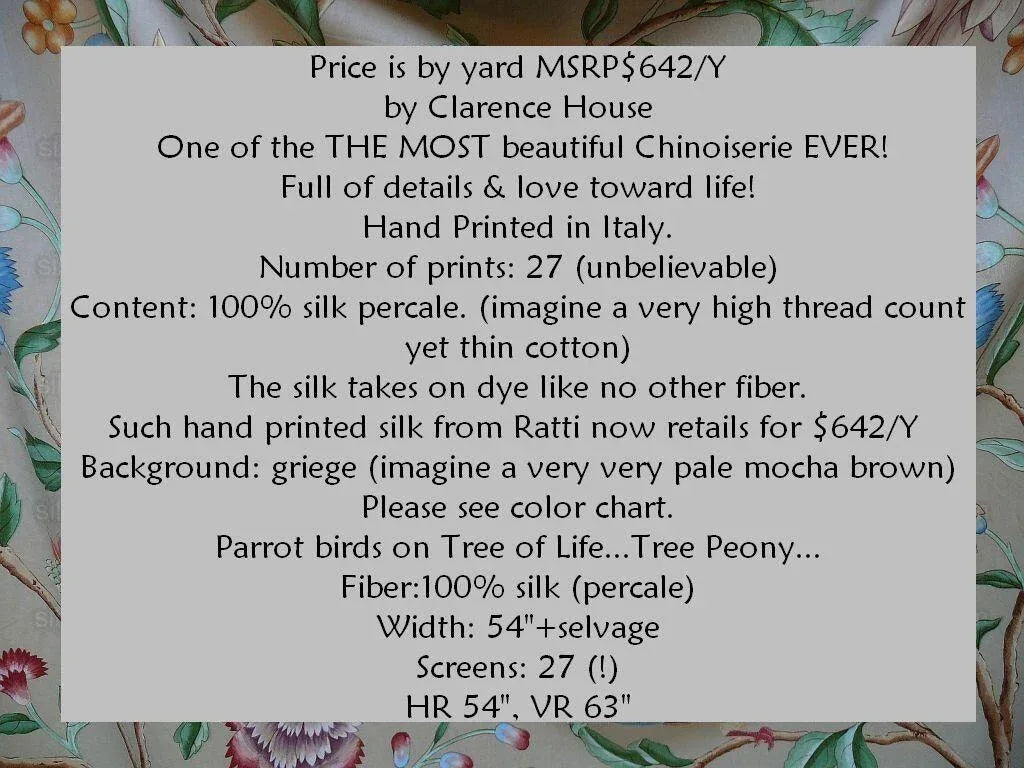 Clarence House Les Oiseaux Enchantes Bird Print Silk Italian Ratti Greige Hand Printed MSRP USD 642/Y