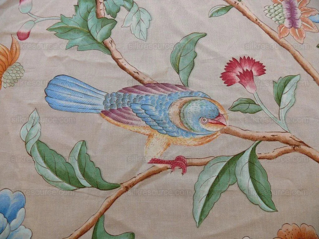 Clarence House Les Oiseaux Enchantes Bird Print Silk Italian Ratti Greige Hand Printed MSRP USD 642/Y