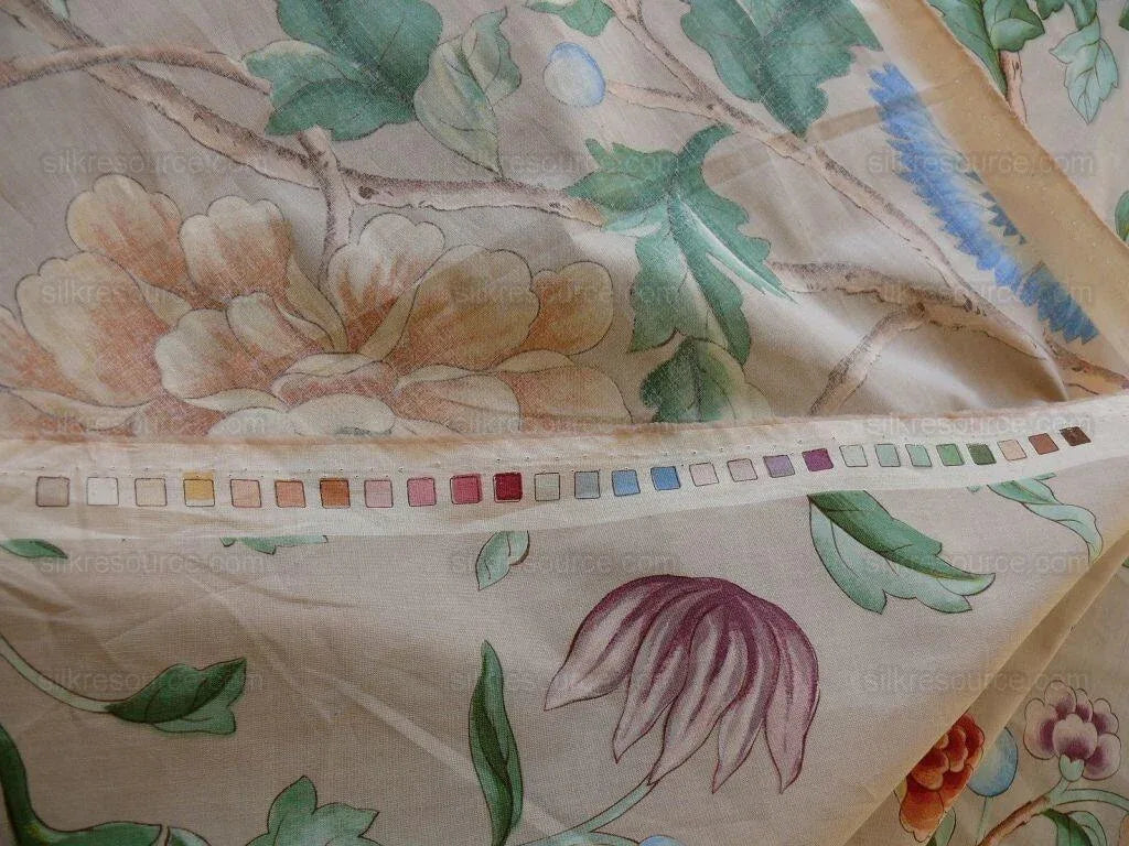 Clarence House Les Oiseaux Enchantes Bird Print Silk Italian Ratti Greige Hand Printed MSRP USD 642/Y