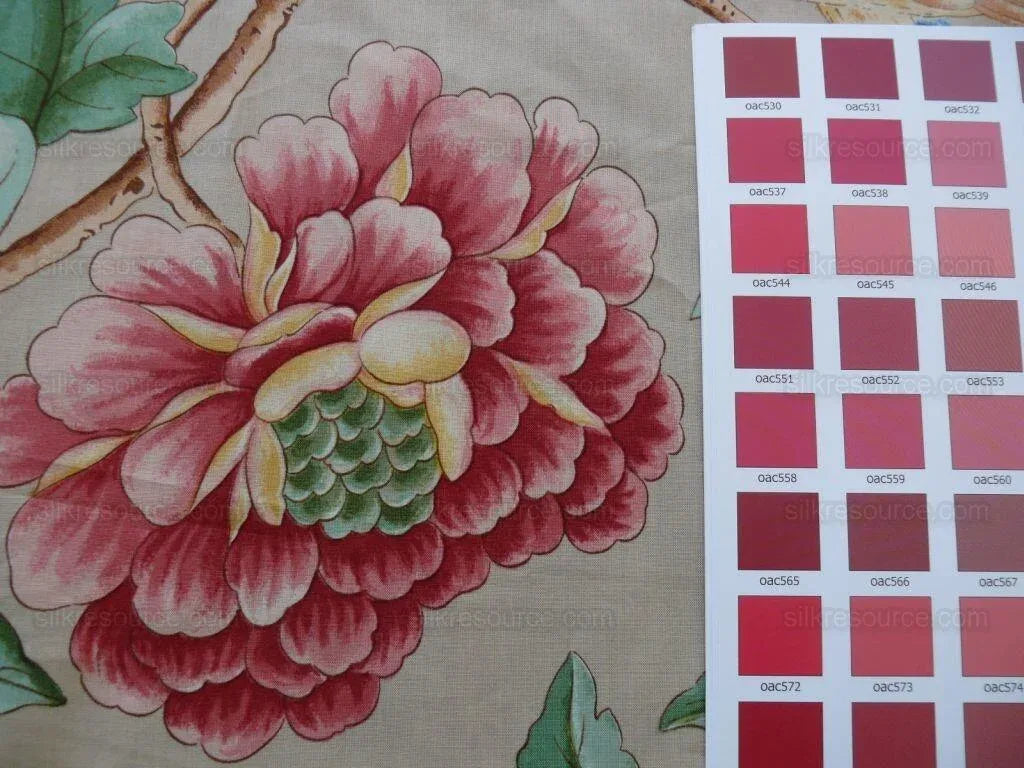 Clarence House Les Oiseaux Enchantes Bird Print Silk Italian Ratti Greige Hand Printed MSRP USD 642/Y