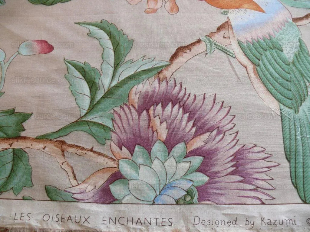 Clarence House Les Oiseaux Enchantes Bird Print Silk Italian Ratti Greige Hand Printed MSRP USD 642/Y