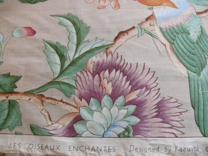 Clarence House Les Oiseaux Enchantes Bird Print Silk Italian Ratti Greige Hand Printed MSRP USD 642/Y