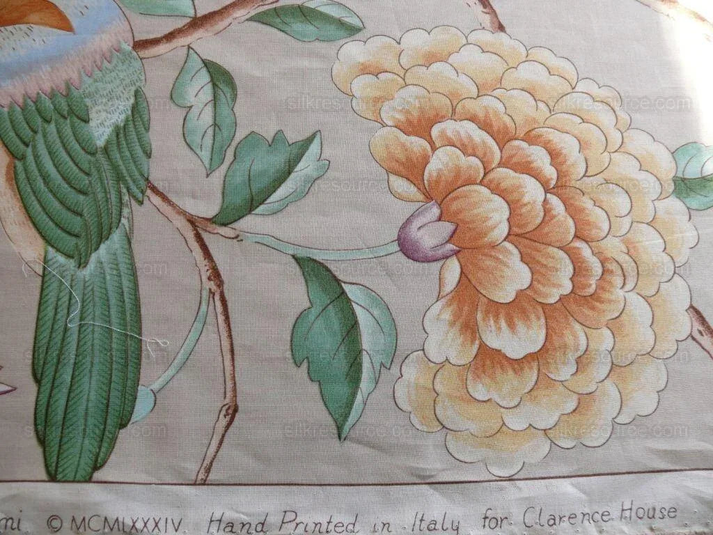 Clarence House Les Oiseaux Enchantes Bird Print Silk Italian Ratti Greige Hand Printed MSRP USD 642/Y