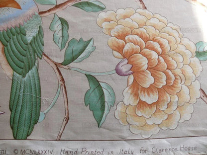 Clarence House Les Oiseaux Enchantes Bird Print Silk Italian Ratti Greige Hand Printed MSRP USD 642/Y