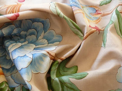 Clarence House Les Oiseaux Enchantes Bird Print Silk Italian Ratti Greige Hand Printed MSRP USD 642/Y