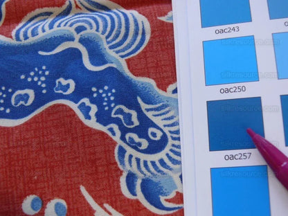 Brunschwig &amp; Fils Shishi Blue Peony &amp; Chinese Lion On Poppy Red MSRP USD336/y