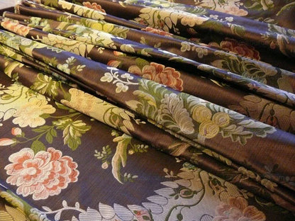 Scalamandre Mont Blanc Silk Lampas Red Gold Blue On Hazelnut Bro