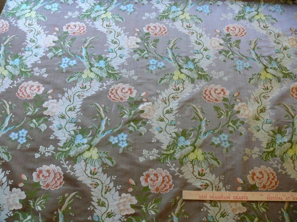 SCALAMANDRE MONT BLANC SILK LAMPAS RED GOLD BLUE ON HAZELNUT BRO