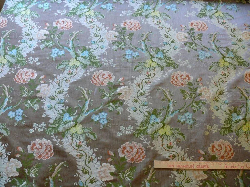 Scalamandre Mont Blanc Silk Lampas Red Gold Blue On Hazelnut Bro