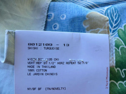 Brunschwig &amp; Fils Shishi Peony &amp; Chinese Lion On Turquoise Cotton MSRP USD 336/Y