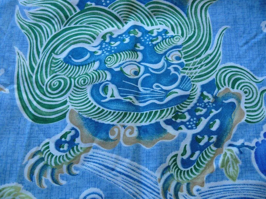 Brunschwig &amp; Fils Shishi Peony &amp; Chinese Lion On Turquoise Cotton MSRP USD 336/Y