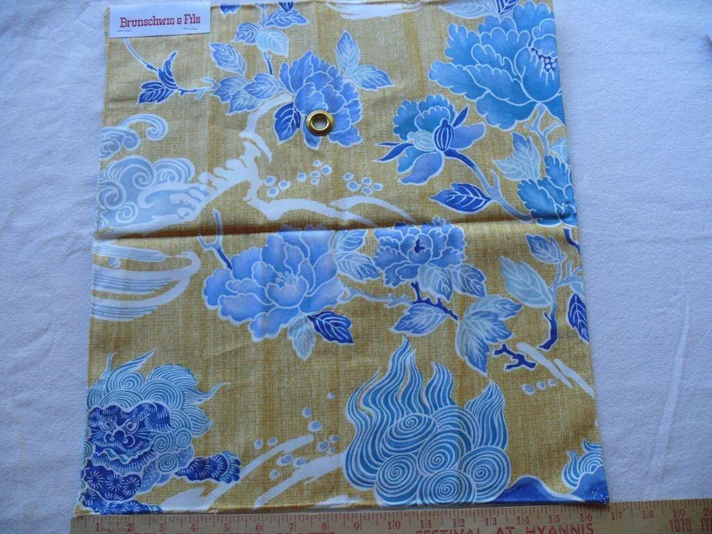 BRUNSCHWIG & FILS SHISHI BLUE PEONY & CHINESE LION ON SAFFRON