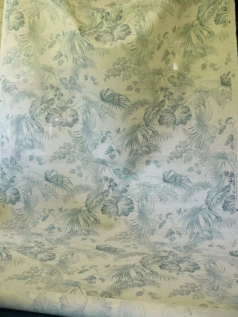 Scalamandre Tropical Toile Linen Gustavian Blue and Ivory White Butterfly Fern Palm Berry MSRP USD 215