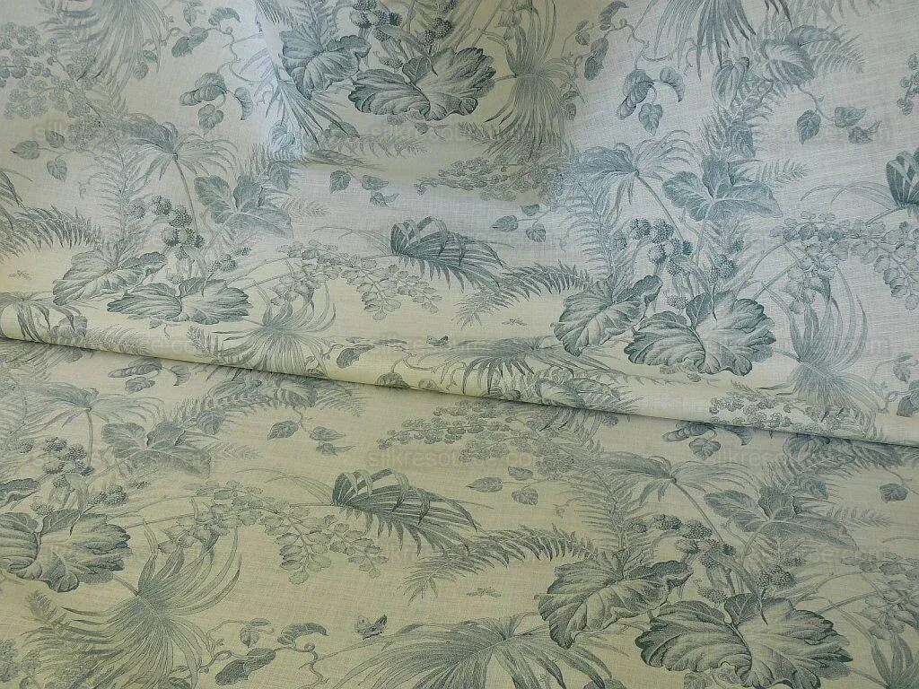 Scalamandre Tropical Toile Linen Gustavian Blue and Ivory White Butterfly Fern Palm Berry MSRP USD 215