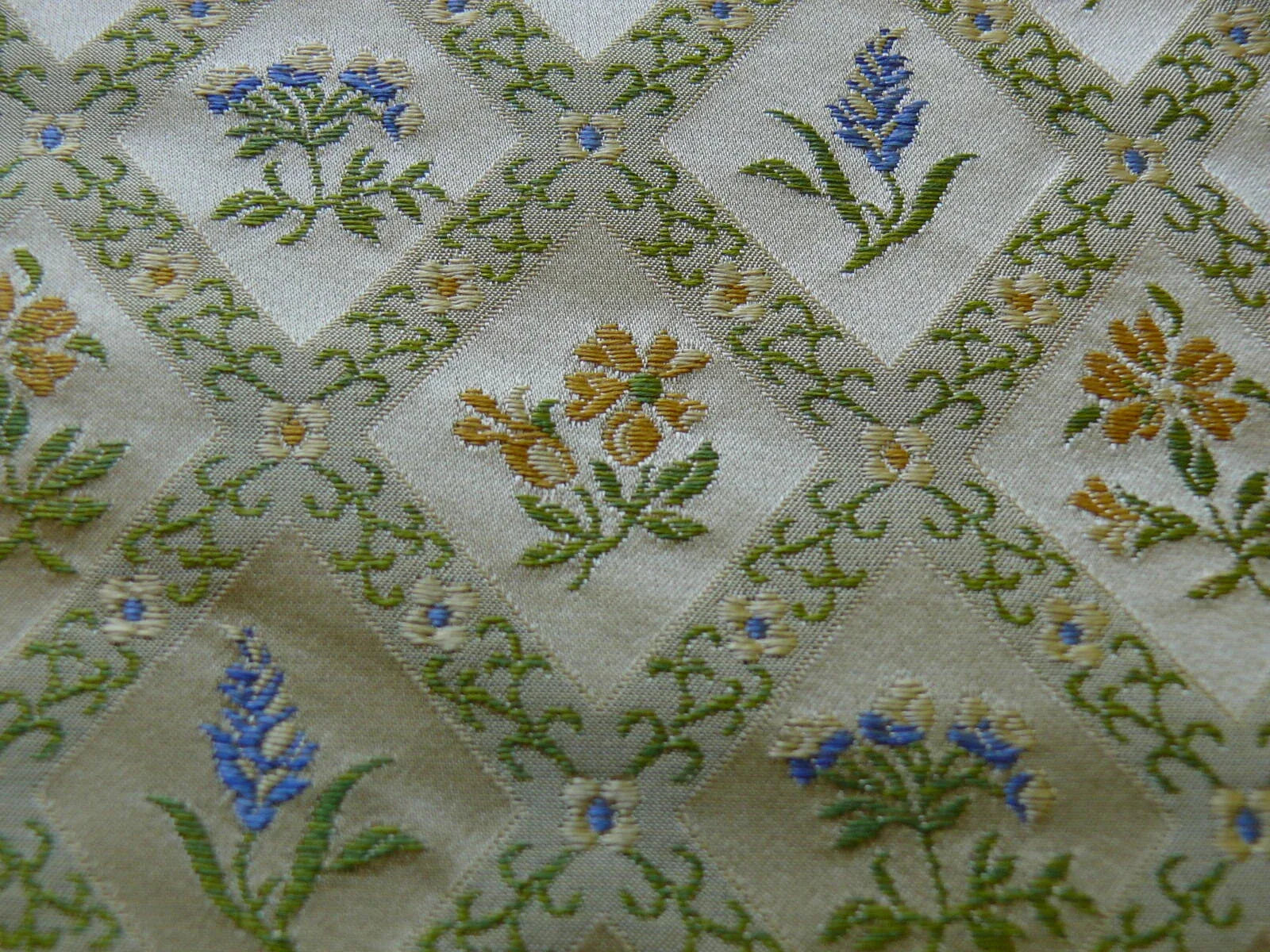 100% SILK LAMPAS ORANGE & BLUE PETITE FLOWER DIAMOND